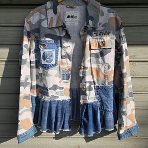 Upcycled Camo Denim Jacket, Floral Patches, Peace Sign, 100% Cotton