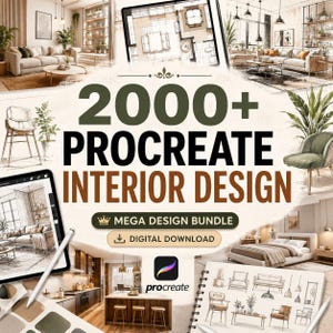 Könnte beinhalten: Ein digitales Produktpaket mit dem Titel 2000+ PROCREATE INTERIOR DESIGN MEGA DESIGN BUNDLE DIGITAL DOWNLOAD. Das Bild zeigt verschiedene Innenarchitekturskizzen, ein Tablet mit einem Grundriss und das Procreate-Logo auf cremefarbenem Grund.