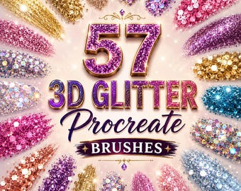 Könnte beinhalten: Eine digitale Sammlung von 57 3D-Glitzer-Procreate-Pinseln mit dem zentralen Titel 57 3D GLITTER Procreate BRUSHES, umgeben von strahlenförmig angeordneten Mustern verschiedener glitzernder Texturen in Gold, Pink, Lila und Blau.