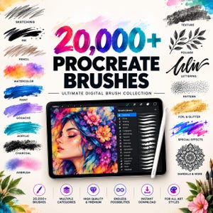 Könnte beinhalten: Eine digitale Sammlung von über 20.000 Procreate-Pinseln mit verschiedenen Strichproben wie Skizzieren, Tinte, Aquarell und Kohle. Ein Tablet zeigt ein farbenfrohes Porträt und das Pinselbibliotheksmenü, begleitet von einem weißen Eingabestift.