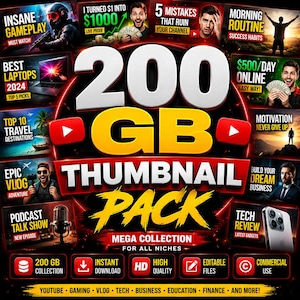 May include: A digital collection titled 200 GB THUMBNAIL PACK featuring various YouTube thumbnail examples including gaming, business, tech, and lifestyle themes. The graphic displays text overlays, icons, and promotional labels for a mega collection.