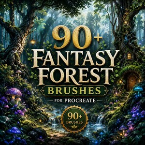 Könnte beinhalten: Eine digitale Produktgrafik mit dem Text 90+ FANTASY FOREST BRUSHES FOR PROCREATE. Der Hintergrund zeigt einen üppigen, verwunschenen Wald mit leuchtend violetten Pilzen, einer kleinen Holztür in einem Baum und einem Bachlauf.