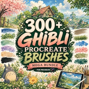 300+ Ghibli Procreate Brushes Mega Bundle, Anime Style Digital Art Brushes, Nature, Cloud, Texture, Grass & Painting Brushes