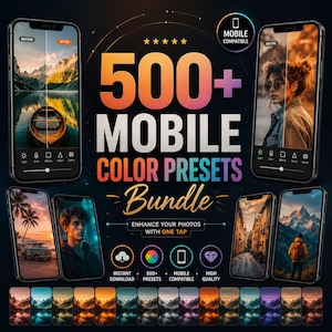 Könnte beinhalten: Ein digitales Produktpaket mit über 500 mobilen Farb-Presets. Die Grafik zeigt mehrere Smartphones mit Vorher-Nachher-Beispielen der Fotobearbeitung sowie Textüberlagerungen, darunter 500+ MOBILE COLOR PRESETS Bundle und verschiedene Symbole.