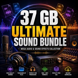 Puede incluir: Una colección de audio digital titulada 37 GB ULTIMATE SOUND BUNDLE MEGA AUDIO & SOUND EFFECTS COLLECTION. El gráfico muestra un micrófono, auriculares, una interfaz de audio y una consola de mezclas, rodeados de iconos de WAV, MP3, SFX y loops.