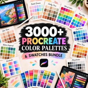 Könnte beinhalten: Ein digitales Paket mit über 3000 Procreate-Farbpaletten und Farbfeldern, darunter Kollektionen wie Pastel Dreams, Earthy Tones und Neon Vibes. Das Set enthält mehrere gedruckte Farbkarten sowie zwei Tablets mit digitaler Kunst.