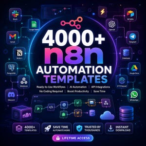 May include: A digital graphic featuring the text 4000+ n8n AUTOMATION TEMPLATES, surrounded by various software application icons connected by glowing lines. The design includes workflow diagrams, productivity labels, and buttons for lifetime access.