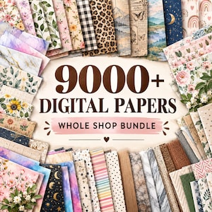 Puede incluir: Una colección de papeles digitales dispuestos en un patrón circular con diversos diseños que incluyen estampados florales, manchas de leopardo, cuadros, motivos celestiales, texturas de mármol, vetas de madera y rayas con el texto 9000+ DIGITAL PAPERS WHOLE SHOP BUNDLE.