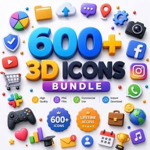 Könnte beinhalten: Eine digitale Grafik mit dem Text 600+ 3D ICONS BUNDLE in großen blauen, gelben und schwarzen 3D-Buchstaben. Das Design ist von verschiedenen 3D-Symbolen umgeben, darunter eine Kamera, ein Einkaufswagen, Social-Media-Logos und ein Gamecontroller.