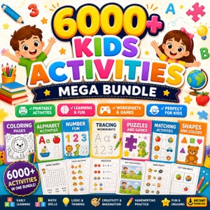 May include: A digital graphic for a 6000+ Kids Activities Mega Bundle featuring cartoon children, school supplies, and a globe. The text reads 6000+ KIDS ACTIVITIES MEGA BUNDLE, showcasing various worksheets like coloring, alphabet, math, and puzzles.