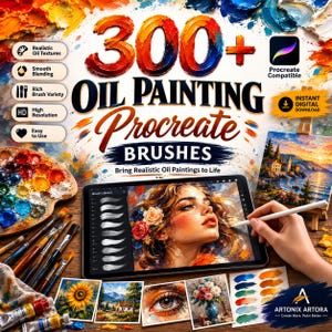 Könnte beinhalten: Ein digitales Produktset mit dem Titel 300+ Oil Painting Procreate Brushes, das Text, Symbole für Funktionen wie realistische Öltexturen und ein Tablet mit einem Porträtgemälde sowie einen Eingabestift zeigt.