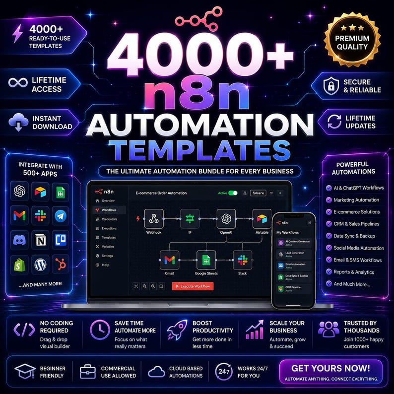 K&ouml;nnte beinhalten: Eine digitale Grafik mit 4000+ n8n Automatisierungsvorlagen, die einen Laptop und ein Smartphone mit Workflow-Schnittstellen zeigt. Das Design enth&auml;lt neonblaue und violette Akzente, App-Integrationssymbole und Text zu Funktionen wie lebenslangem Zugriff.