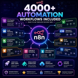 K&ouml;nnte beinhalten: Eine digitale Infografik mit dem Titel 4000+ AUTOMATION WORKFLOWS INCLUDED und dem n8n-Logo in der Mitte. Sie zeigt verschiedene Kategorien wie KI, E-Mail-Marketing, E-Commerce und CRM mit neonfarbenen Symbolen und Verbindungslinien.