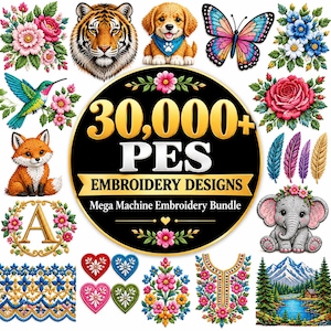 Pode incluir: Uma coleção digital de mais de 30.000 designs de bordado PES com um emblema circular preto central e texto dourado. Os gráficos ao redor incluem um tigre, filhote, borboleta, beija-flor, raposa, elefante, flores, corações, penas e uma paisagem.
