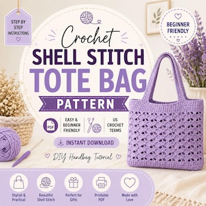 Könnte beinhalten: Eine digitale Häkelanleitung für eine Tragetasche im Muschelmuster. Die Grafik enthält den Text Crochet Shell Stitch Tote Bag Pattern, Step by Step Instructions, Beginner Friendly und Instant Download. Eine lavendelfarbene gehäkelte Tasche ist abgebildet.