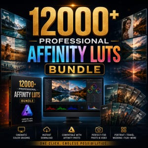 Peut inclure: Un ensemble de produits numériques comprenant 12000+ Professional Affinity LUTs. L'affichage comprend un écran d'ordinateur montrant un logiciel de retouche photo, une boîte étiquetée 12000+ Professional Affinity LUTs Bundle et plusieurs petites cartes étiquetées avec des catégories comme Cinematic, Portrait et Wedding.