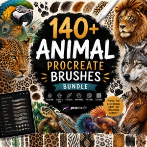 Könnte beinhalten: Ein digitales Set mit über 140 Tier-Procreate-Pinseln, das Illustrationen eines Papageis, Leoparden, Löwen, Wolfs, Pferdes, einer Schildkröte und eines Kampffisches zeigt, inklusive Beschriftungen für Fell, Federn, Schuppen und Texturen.