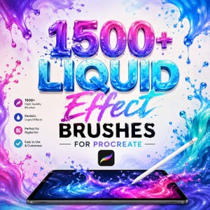Könnte beinhalten: Eine digitale Produktanzeige mit dem Text 1500+ LIQUID EFFECT BRUSHES FOR PROCREATE. Das Design enthält lebendige rosa und blaue Flüssigkeitsspritzer, eine Liste mit vier Funktionen und Symbolen sowie ein Tablet mit einem Eingabestift.