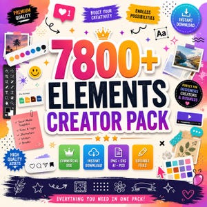 May include: A digital design bundle titled 7800+ ELEMENTS CREATOR PACK featuring colourful graphics, icons, and text labels. The layout includes file format indicators, social media templates, and creative assets on a light background.