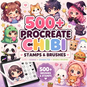 Könnte beinhalten: Eine digitale Sammlung von 500+ Procreate Chibi-Stempeln und Pinseln mit verschiedenen bunten Zeichentrickfiguren, Tieren und Lebensmitteln. Die Anzeige enthält ein Tablet mit einem Pinselmenü, umgeben von Illustrationen von Chibi-Figuren.