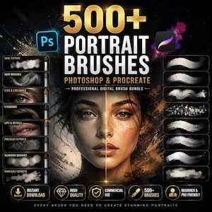 Könnte beinhalten: Ein digitales Produktpaket mit über 500 Porträtpinseln für Photoshop und Procreate. Die Grafik zeigt ein geteiltes Porträt, Pinselstrichproben sowie Beschriftungen für Hauttextur, Haare, Augen, Augenbrauen, Lippen und Mischeffekte.