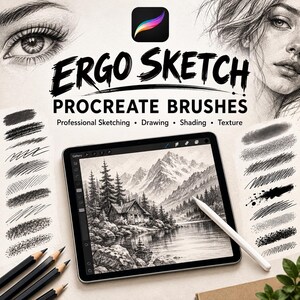Könnte beinhalten: Ein digitales Tablet mit einer schwarz-weißen Landschaftszeichnung einer Hütte am See und Bergen. Der Bildschirm zeigt die Procreate-Oberfläche. Der Text lautet ERGO SKETCH PROCREATE BRUSHES Professional Sketching Drawing Shading Texture.