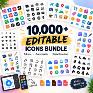 May include: A digital collection of 10,000+ editable icons featuring social media logos, travel symbols, shopping graphics, and UI elements. The text reads 10,000+ EDITABLE ICONS BUNDLE, Editable, Customizable, Digital Download, and Endless Possibilities.