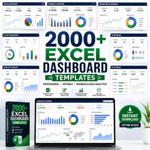 Könnte beinhalten: Eine Sammlung von 2000+ Excel-Dashboard-Vorlagen für Geschäfts- und Datenanalysen, mit verschiedenen Diagrammen und Kennzahlen auf einem Laptop-Bildschirm und in einer Box, mit dem Text 2000+ EXCEL DASHBOARD TEMPLATES.