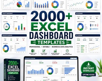 Könnte beinhalten: Eine Sammlung von 2000+ Excel-Dashboard-Vorlagen für Geschäfts- und Datenanalysen, mit verschiedenen Diagrammen und Kennzahlen auf einem Laptop-Bildschirm und in einer Box, mit dem Text 2000+ EXCEL DASHBOARD TEMPLATES.