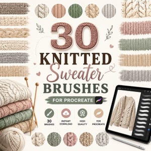 Könnte beinhalten: Ein digitales Set aus 30 Strickpullover-Pinseln für Procreate mit verschiedenen Stricktexturen in Beige, Rosa und Grün. Die Darstellung umfasst ein Tablet mit einer Illustration einer Zopfmuster-Strickjacke, ein Wollknäuel und Stricknadeln.