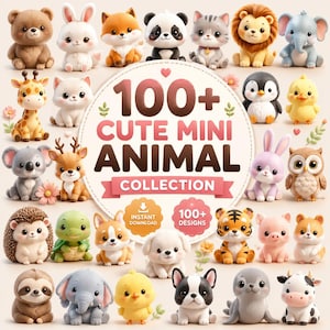 May include: A digital collection of 100+ cute mini animal illustrations featuring a bear, rabbit, fox, panda, cat, lion, elephant, giraffe, penguin, chick, koala, deer, owl, hedgehog, turtle, dog, tiger, pig, sloth, and cow with text.