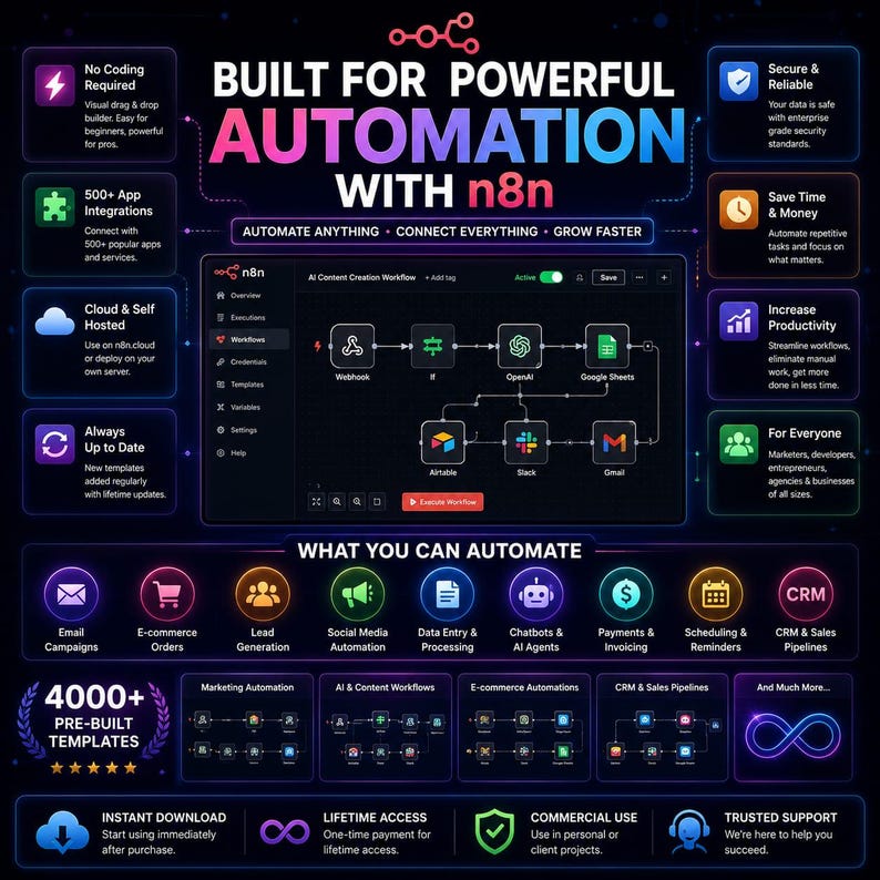 K&ouml;nnte beinhalten: Eine dunkel gestaltete Infografik mit dem Titel Built for Powerful Automation with n8n, die ein zentrales Workflow-Diagramm, umgebende Funktionssymbole und einen Bereich mit Automatisierungsm&ouml;glichkeiten sowie 4000+ Vorlagen zeigt.