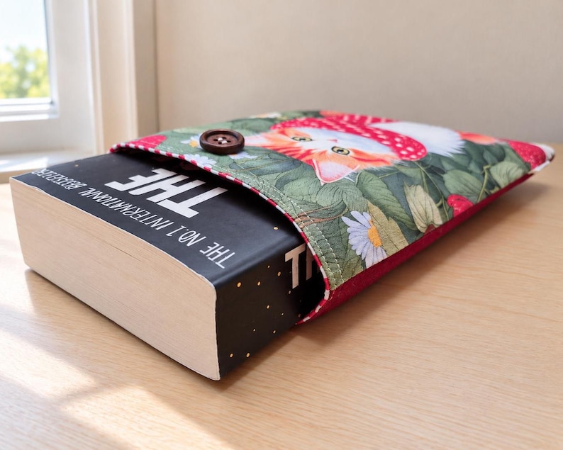 Timber Book Protector Handmade Padded Book Sleeve With Button Closure, Cat Strawberry Pouch ...