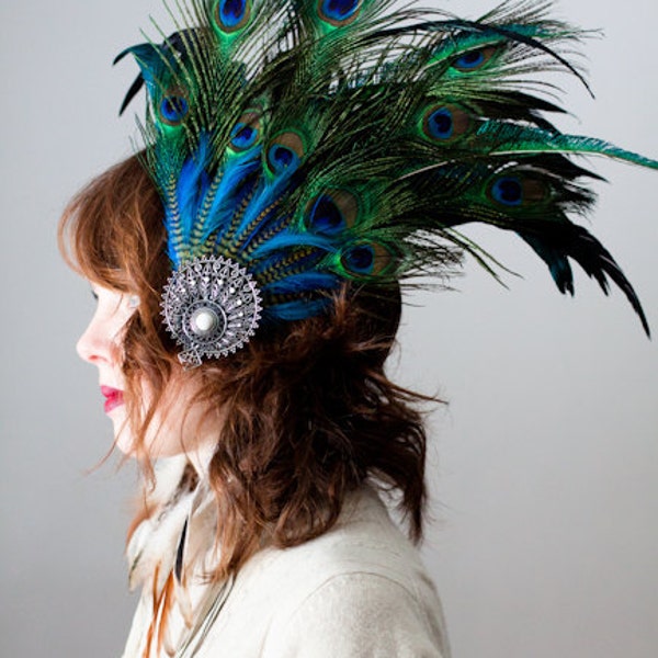 Tribal, burlesque, peacock and rooster feather head piece