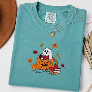 Ghost Reading Comfort Colors Shirt, Halloween Book Lover T-Shirt, Embroidered Pumpkin Mug Ghost Tee, Spooky Season Shirt, Fall Reader Gift