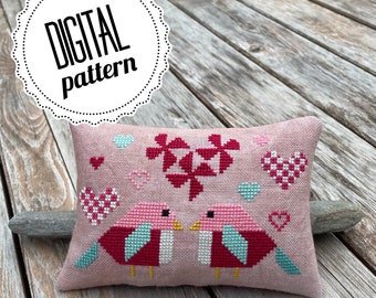 Quilted Together - Valentines Day Cross Stitch Digital Pattern - Love Birds - Quilted Hearts - Pinwheel Heart