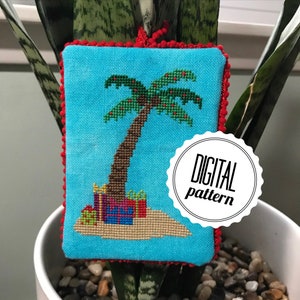 Tropical Holiday Ornament PATTERN - Instant PDF Download Cross Stitch Cart - Tiki - Palm Tree - Island - Presents - Tropical Christmas