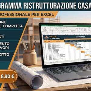 Può includere: Un computer portatile che mostra un foglio di calcolo per la gestione di progetti con un diagramma di Gantt. Lo schermo riporta il testo Digital Solutions e Gantt chart. Accanto ci sono un progetto arrotolato, un portapenne, un casco e un metro.
