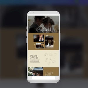May include: A white smartphone displaying a digital wedding invitation layout with a tan background. The screen features photographs of a couple, the text ERIC & LI, A CHANCE ENCOUNTER, and A PROMISE FOR LIFE, alongside small line art illustrations of various objects.