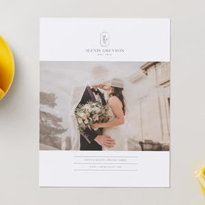 May include: A white photography pricing guide document featuring the text Alexis Greyson Est. 2018 at the top. The center displays a photograph of a couple embracing under a veil, holding a bouquet. The bottom includes the text Photography Pricing Guide.
