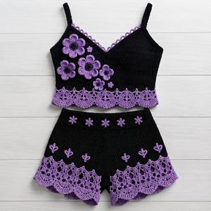 かぎ針編みのキャミソールトップとショートパンツのパターン、花柄セット、ボヘミアンビーチウェア（PDFダウンロード）