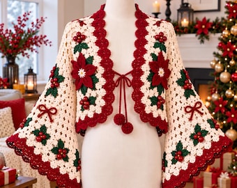 Festive Poinsettia Lace Bell Sleeve Cardigan Crochet Pattern (PDF Download)