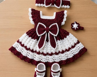 Burgundy Crochet Baby Dress Pattern, Headband, Shoes, Bow (PDF Download)