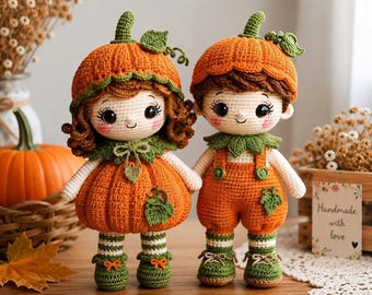 Pumpkin Girl & Boy Amigurumi Crochet Pattern, Fall Halloween Dolls (Digital Download)