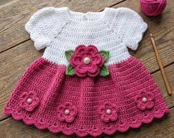 Crochet Baby Dress Pattern, Flower Appliqué, Newborn Outfit, 0-3 Months (PDF Download)