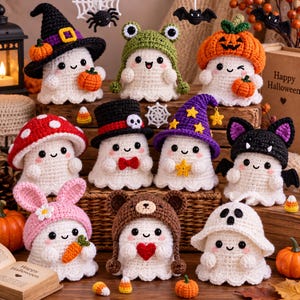 Puede incluir: Una colección de diez pequeñas figuras de fantasmas de ganchillo blanco, cada una con un sombrero o accesorio diferente, incluyendo un sombrero de bruja, capucha de rana, gorro de calabaza, sombrero de seta, sombrero de copa y orejas de murciélago.