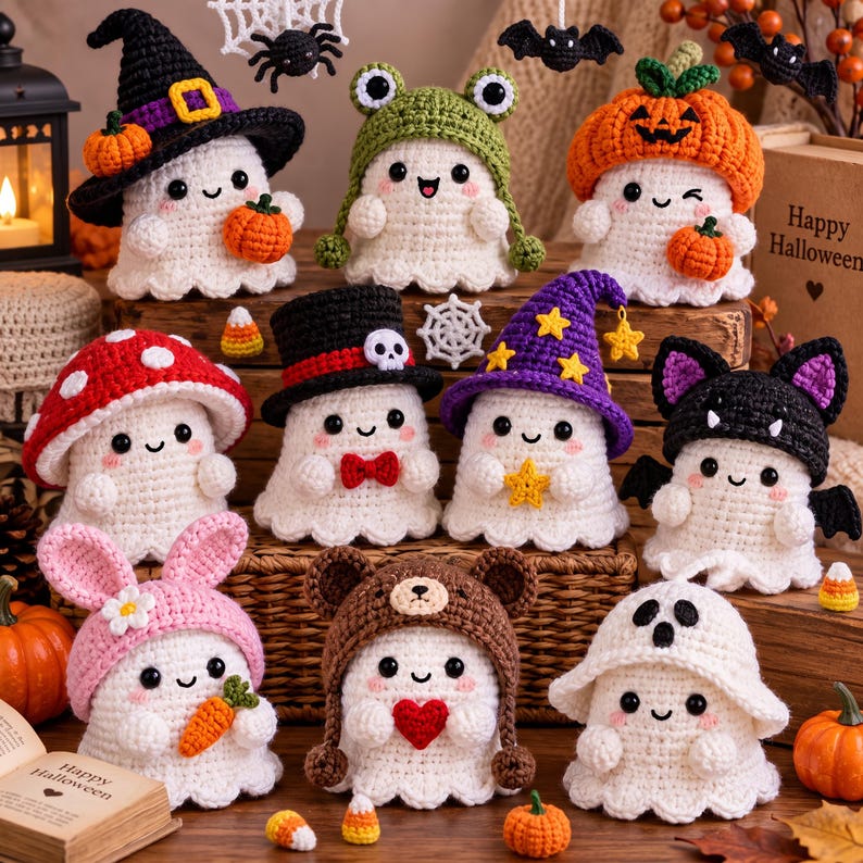 May include: A collection of ten small, white, crocheted ghost figurines, each wearing a different themed hat or accessory, including a witch hat, frog hood, pumpkin cap, mushroom cap, top hat, wizard hat, bat ears, bunny ears, bear hood, and ghost sheet.