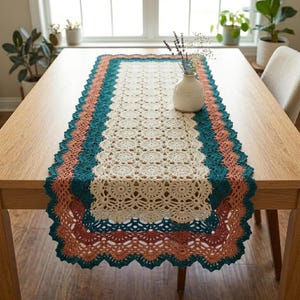 May include: A rectangular crochet table runner featuring a central cream-colored panel with a repeating circular motif, bordered by alternating scalloped layers in deep teal and muted terracotta yarn, resting on a wooden table surface.
