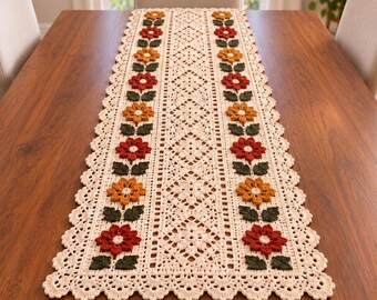 Haakpatroon voor een tafelloper met herfstbloemen en kant (PDF-download)
