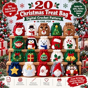 Può includere: Uno schema digitale all'uncinetto per 20 sacchetti natalizi in un unico PDF. L'immagine mostra 20 piccole borse con coulisse con vari disegni festivi, tra cui Babbo Natale, un pupazzo di neve, renna, albero, pan di zenzero, elfo, pinguino, orso polare, calza, bastoncino di zucchero, ghirlanda, regalo, ornamento, agrifoglio, campane, stella, angelo, guanto, gnomo e schiaccianoci.